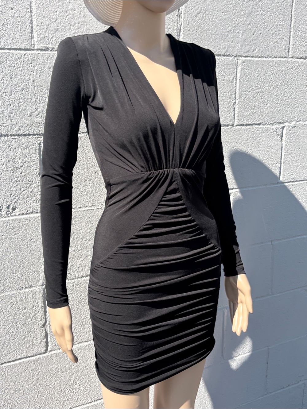 Nookie Black Long-Sleeve Ruched V-Neck Bodycon Mini Dress, NWT